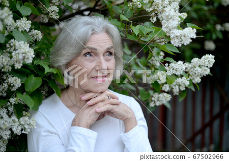 Happy senior beautiful woman with lilacs in spring park Happy senior beautiful woman with lilacs in spring park 67502966