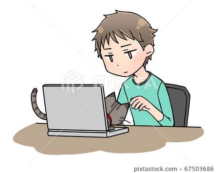 Illustration where a man operating a laptop is disturbed by a cat Illustration where a man operating a laptop is disturbed by a cat 67503686