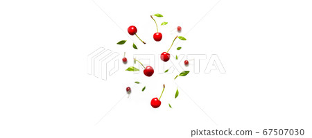 Organic cherry berry with green leaves levitating Organic cherry berry with green leaves levitating 67507030