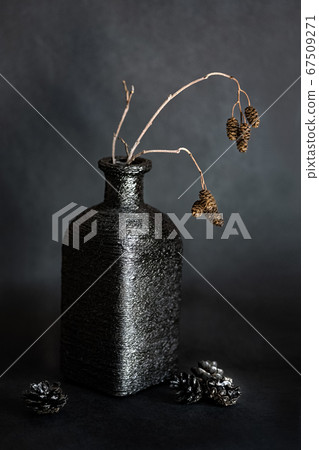 Dreid branch in black square bottle vase on dark Dreid branch in black square bottle vase on dark 67509271