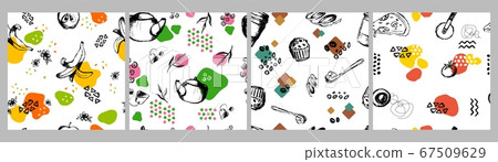 Sketch elements seamless pattern. Handdrawn abstract design half peeled bananas teapot with tea bag. Sketch elements seamless pattern. Handdrawn abstract design half peeled bananas teapot with tea bag. 67509629