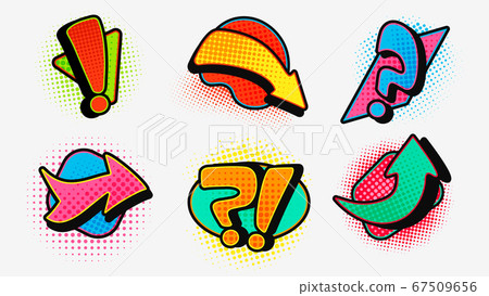 Pop art question with exclamation arrow set. Modern graphic design of pointers sudden shock in comic setting. Pop art question with exclamation arrow set. Modern graphic design of pointers sudden shock in comic setting. 67509656