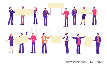 People in office clothes hold banners set. Groups of workers protest against reduction in salaries. People in office clothes hold banners set. Groups of workers protest against reduction in salaries. 67509696