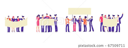 People hold banners in office clothes set. Groups angry businesspeople protest against reduction in salaries. People hold banners in office clothes set. Groups angry businesspeople protest against reduction in salaries. 67509711