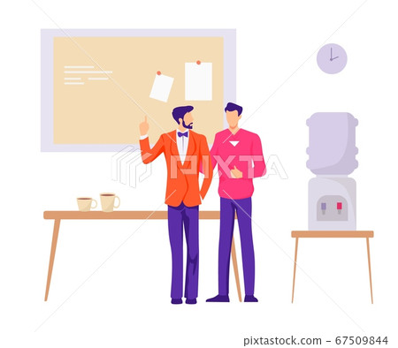 Coworkers friends in office illustration. Two friendly male characters discuss companys new strategy. 67509844