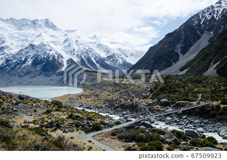 Hooker river and Mueller lake with snow covered mountains on Hooker Valley Track, South Island, New Zealand Hooker river and Mueller lake with snow covered mountains on Hooker Valley Track, South Island, New Zealand 67509923