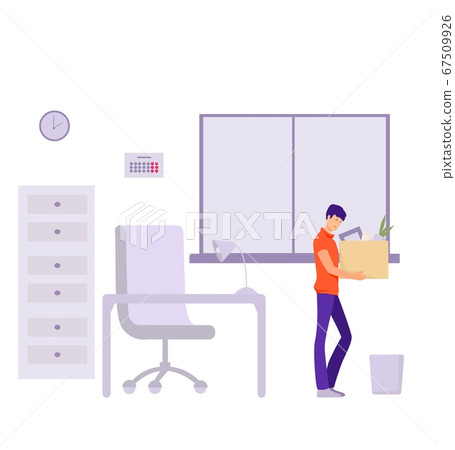 Dismissal of an office worker Illustration. Sad character with his work things leaves office. Dismissal of an office worker Illustration. Sad character with his work things leaves office. 67509926