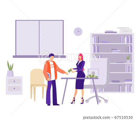 Salary issue in office illustration. Female character accountant gives bundle of money to an employee. 67510530