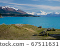 Distant view of Mount Cook across Lake Pukaki, South Island, New Zealand with benches in the foreground 67511631