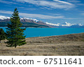 Distant view of Mount Cook across Lake Pukaki with tree on the left, South Island, New Zealand 67511641