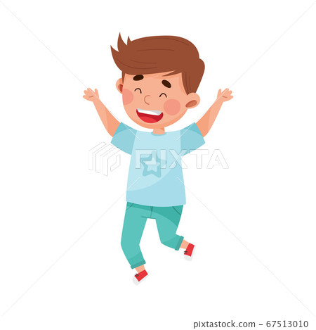 Happy Boy Character Jumping High with Joy and... - Stock Illustration ...