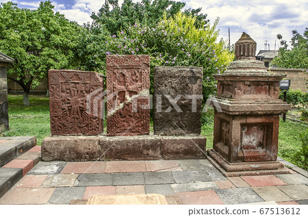 Ancient tombstones of carved cross in the Church of the Martyr Gayane in Echmiadzin Ancient tombstones of carved cross in the Church of the Martyr Gayane in Echmiadzin 67513612