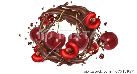 Whole and sliced cherries in a chocolate splash. Whole and sliced cherries in a chocolate splash. 67513957