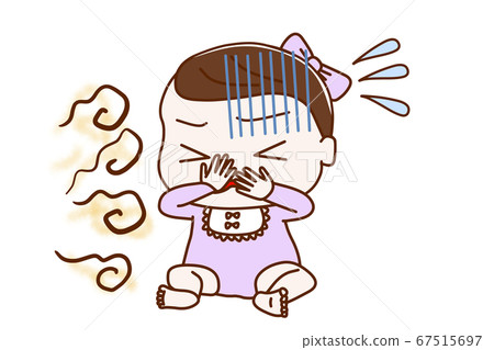 Sitting baby girl holding a nose Sitting baby girl holding a nose 67515697