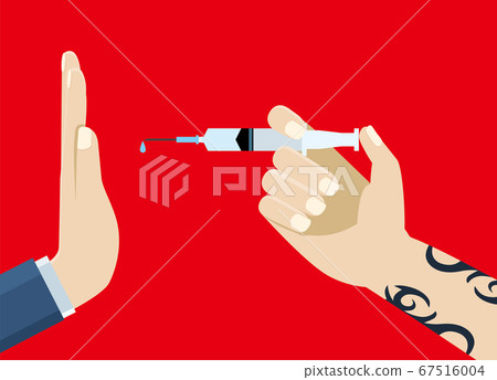 平面插圖:拒絕藥物注射的手的插圖|藥物預防的圖像 平面插圖:拒絕藥物注射的手的插圖|藥物預防的圖像 67516004