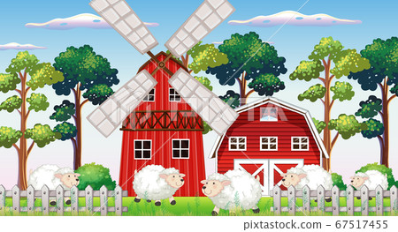 Farm scene in nature with barn and windmill and - Stock Illustration ...