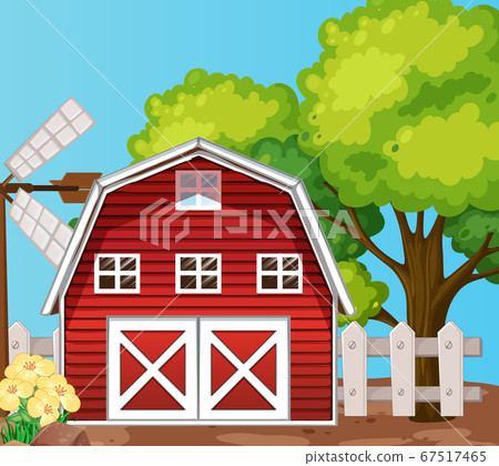 Farm in nature scene with barn and big tree Farm in nature scene with barn and big tree 67517465