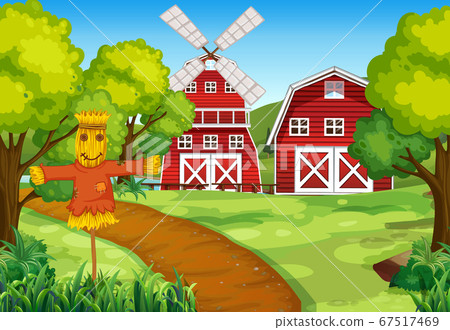 Farm scene in nature with barn and windmill and - Stock Illustration ...