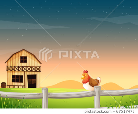 Farm scene in nature with barn and chicken 67517475