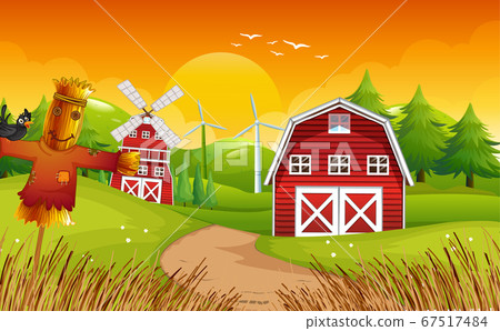 Farm scene in nature with barn and windmill Farm scene in nature with barn and windmill 67517484
