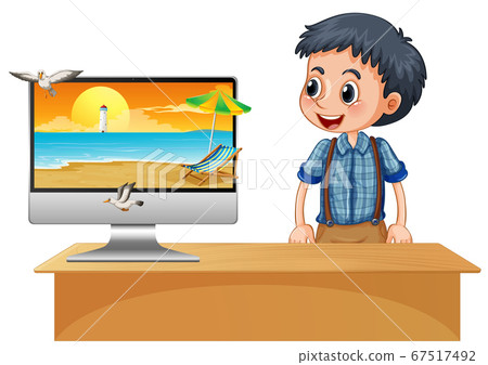 Happy boy next to computer with beach on screen Happy boy next to computer with beach on screen 67517492