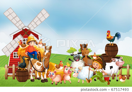 Farm in nature scene with windmill and animal farm Farm in nature scene with windmill and animal farm 67517493