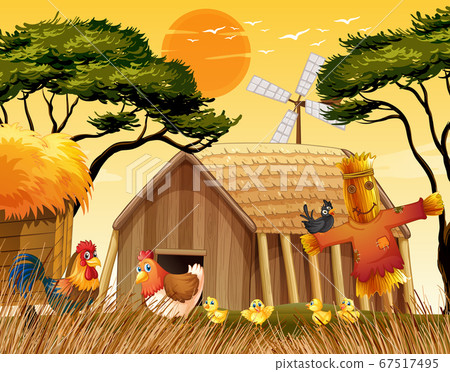 Farm scene in nature with barn and windmill and 67517495