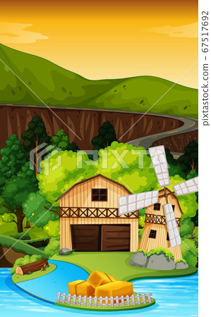 Farm scene in nature with barn and windmill and 67517692