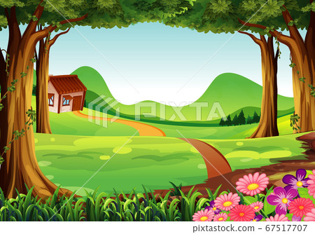 Farm scene in nature with long road to the house Farm scene in nature with long road to the house 67517707