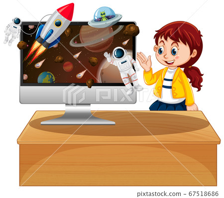 Girl next to computer with space desktop 67518686