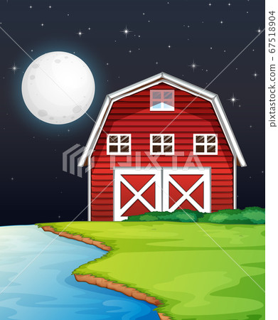 Farm scene with barn and river side at night 67518904
