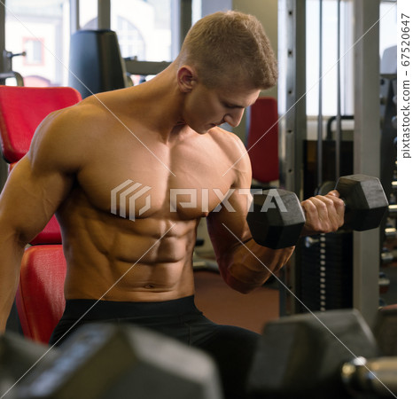Young handsome bodybuilder exercising with dumbell Young handsome bodybuilder exercising with dumbell 67520647