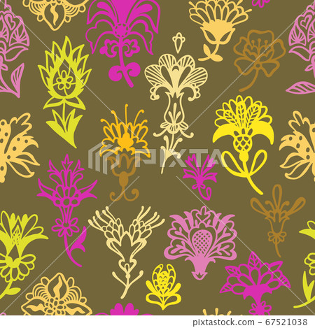 Fantasy floral. Decorative botanical vector seamless pattern made of abstract oriental flowers. Flat design, outline contour drawing. 67521038