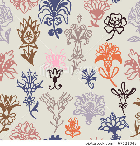 Fantasy floral. Decorative botanical vector seamless pattern made of abstract oriental flowers. Flat design, outline contour drawing. 67521043