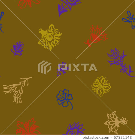 Fantasy floral. Decorative botanical vector seamless pattern made of abstract oriental flowers. Flat design, outline contour drawing. 67521148