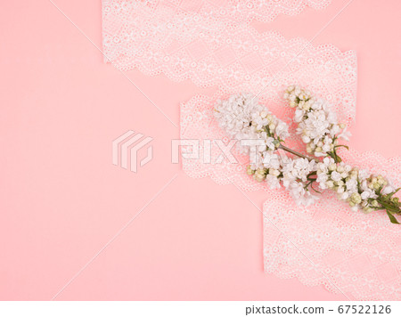 Branch of white lilac and lace. Pink background. 67522126