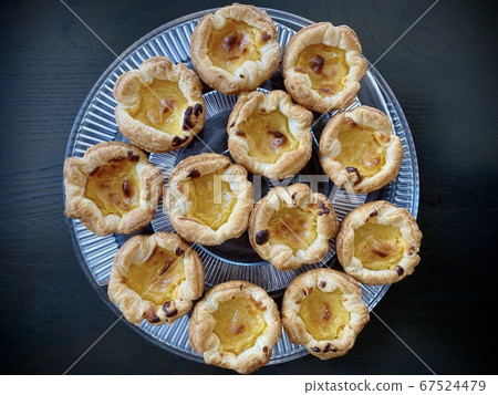 Portugese pastries - pasteis de nata on a glass plate. Delicious home made cuisine that is typical for the Lisbon region Portugese pastries - pasteis de nata on a glass plate. Delicious home made cuisine that is typical for the Lisbon region 67524479