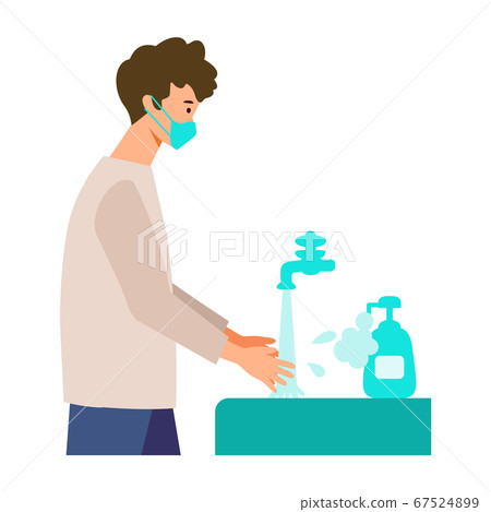 [New travel etiquette] A man who diligently does hand-washing. Illustration accompanying the GoTo travel campaign. 67524899