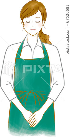 A smiling woman facing down with an apron that... - Stock Illustration ...