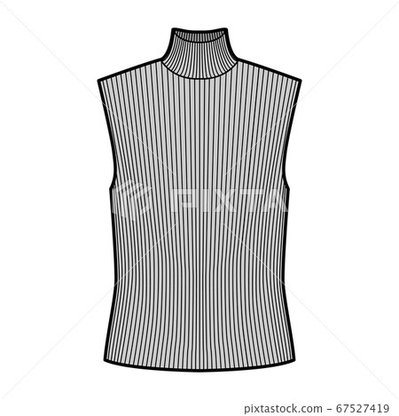 Turtleneck rib sweater technical fashion illustration with oversized body, sleeveless jumper.  67527419