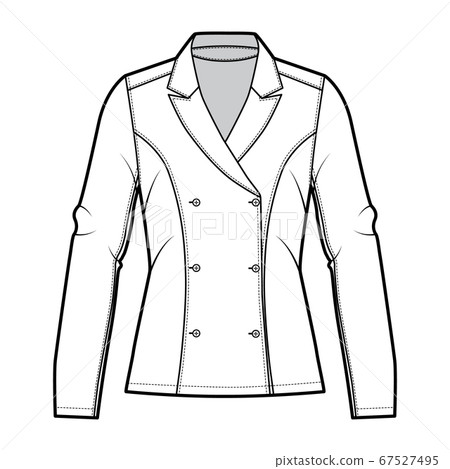 Blazer technical fashion illustration with notched lapel, fitted silhouette, double breasted opening, long sleeves. Blazer technical fashion illustration with notched lapel, fitted silhouette, double breasted opening, long sleeves. 67527495