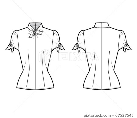 Knotted cutout blouse technical fashion illustration with high neckline, puffed volume sleeves, back zip fastening Knotted cutout blouse technical fashion illustration with high neckline, puffed volume sleeves, back zip fastening 67527545
