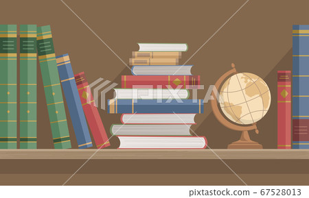 A wooden bookshelf with several books and an antique globe. Library, bookstore, education concept. 67528013