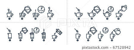 Tea, coffee making, brew process icons. Hot drink brew 67528942