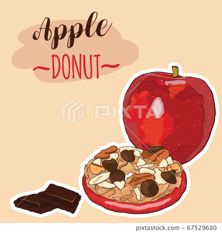 Hand Drawn Full Color Colorful Red Apple Fruit Donut with Peanut Butter Pecan Almond and Chocolate Hand Drawn Full Color Colorful Red Apple Fruit Donut with Peanut Butter Pecan Almond and Chocolate 67529680