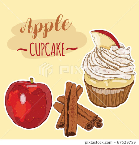Hand Drawn Full Color Colorful Realistic Apple Cupcake Sweet Dessert Fruit with Cinnamon Rolls Hand Drawn Full Color Colorful Realistic Apple Cupcake Sweet Dessert Fruit with Cinnamon Rolls 67529759