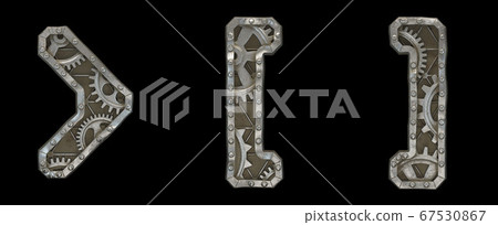 Mechanical alphabet made from rivet metal with gears on black background. Set of symbols left and right square bracket, right angle bracket. 3D Mechanical alphabet made from rivet metal with gears on black background. Set of symbols left and right square bracket, right angle bracket. 3D 67530867