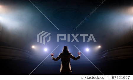 Successful businesswoman with arms up celebrating his victory. View of excited young businesswoman keeping arms raised and expressing positivity while stands on the stage. 67531667