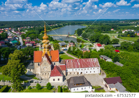Aerial view of church in small village Cegielnia, Aerial view of church in small village Cegielnia, 67532577