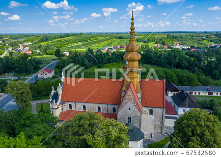 Aerial view of church in small village Cegielnia, Aerial view of church in small village Cegielnia, 67532580